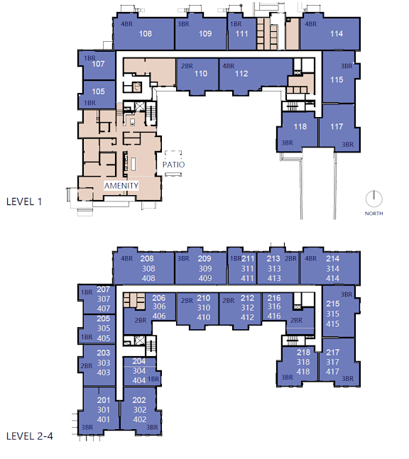 A floor plan of an apartment complex with four levels, including details of each room and its size.