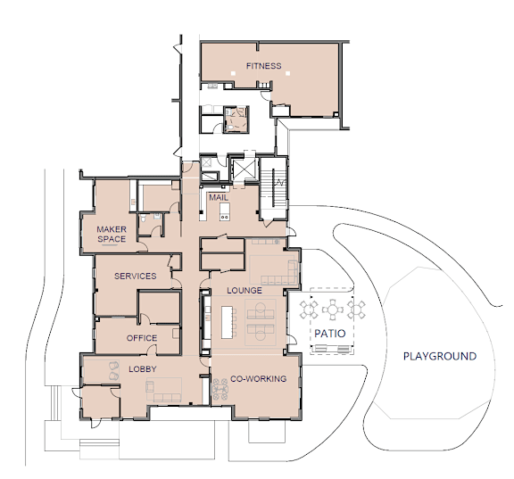 A floor plan of a house with a fitness room, mailer space, lobby, CC-working, playground, patio, office, services, and lounge.