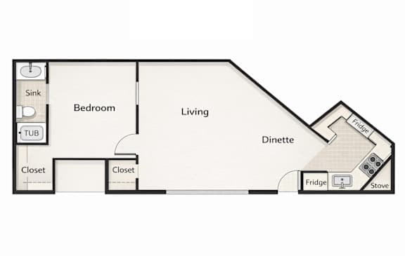 A floor plan of a small apartment with a bedroom, living room, and kitchen.