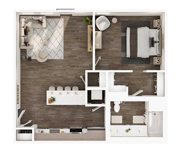 A top-down view of a modern apartment layout with a kitchen, living room, dining area, and bathroom.