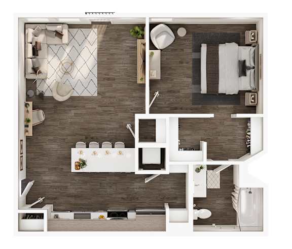A top-down view of a modern apartment layout with a kitchen, living room, and bedroom.