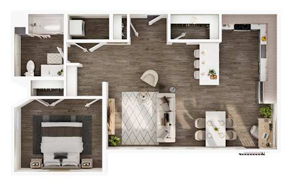 A top-down view of a modern apartment layout with a kitchen, living room, and bathroom.