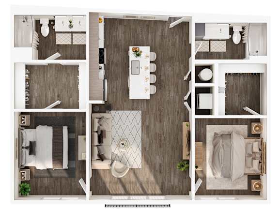 A series of images showing different views of a small, modern, and well-organized apartment.