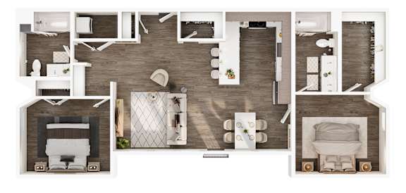A floor plan of a house with a living room, kitchen, dining room, and bathroom.