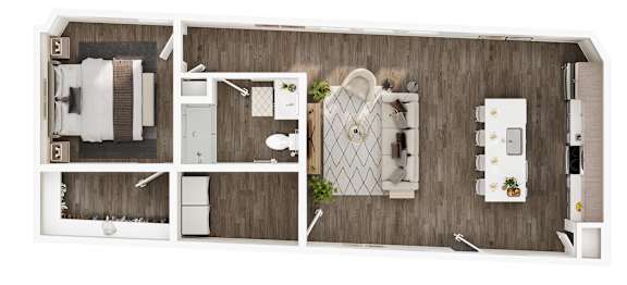 A floor plan of a house with a kitchen, living room, and two bathrooms.