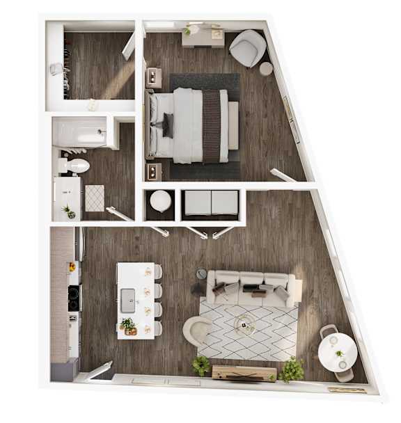 A top-down view of a small, neatly organized apartment with a kitchen, living room, and bathroom.