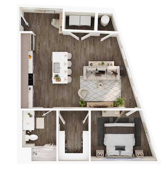 A top-down view of a small, neatly organized apartment with a kitchen, living room, and bathroom.