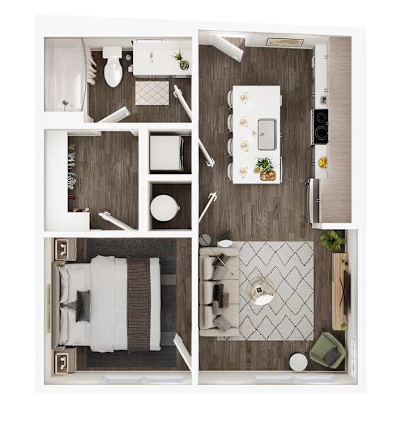 A top-down view of a small, neatly organized apartment with a kitchen, living room, and bathroom.