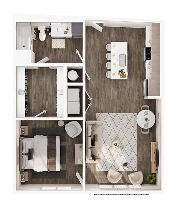 A top-down view of a small apartment with a kitchen, living room, and bathroom.