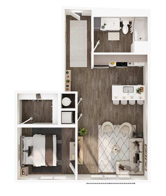 A series of images showing different layouts of a small apartment.