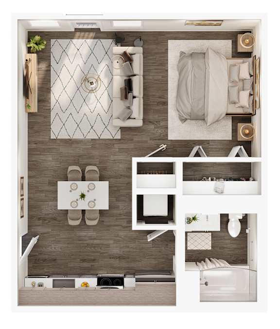A top-down view of a modern bathroom with a shower, sink, and toilet.