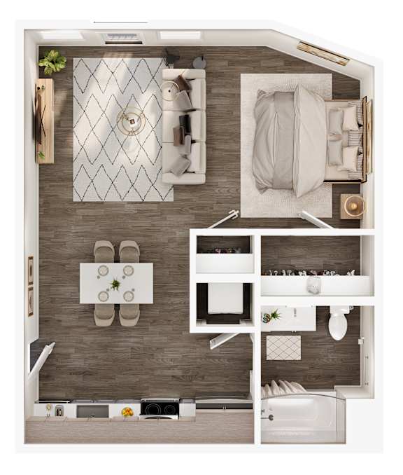 A top-down view of a modern bathroom with a large mirror, a sink, a toilet, and a bathtub.