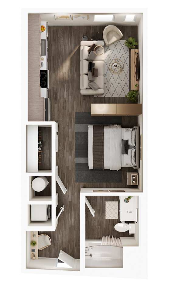 A top-down view of a modern bathroom with a toilet, sink, and mirror.