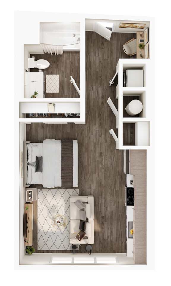Studio Apartment A top-down view of a small apartment with a kitchen, living room, and bathroom.