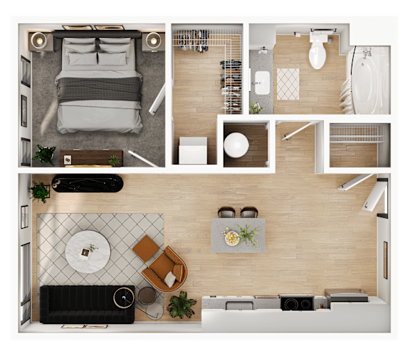 A top-down view of a modern apartment with a bedroom, living room, and kitchen.