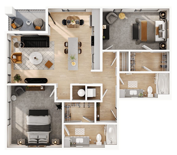 A top-down view of a modern apartment layout with a kitchen, living room, and bedrooms.
