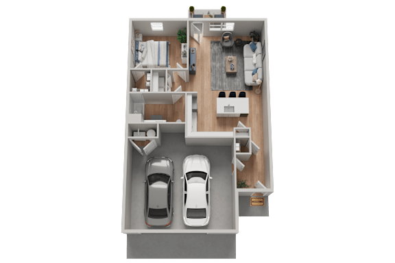 A top-down view of a house layout with a living room, kitchen, and two bedrooms.