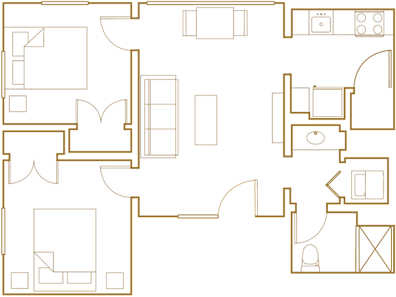 A floor plan of a house with a kitchen, living room, and bedrooms.