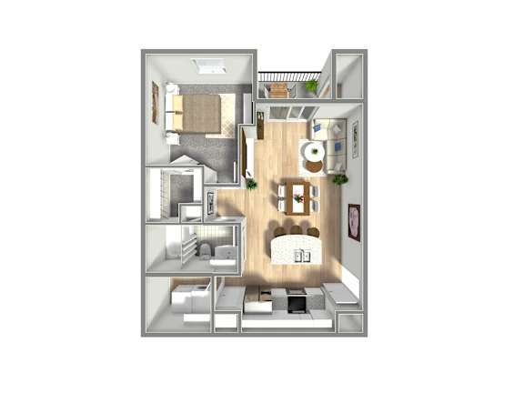 A 3D floor plan of a small apartment with a kitchen, living room, and bedroom.