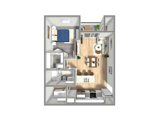 A 3D floor plan of a small apartment with a kitchen, living room, and bathroom.