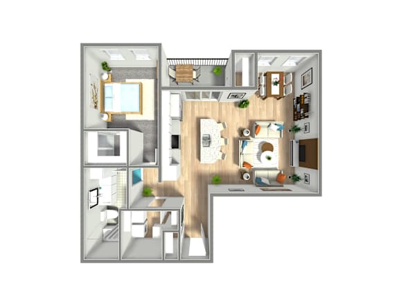 A 3D floor plan of a house with a kitchen, living room, and bathroom.