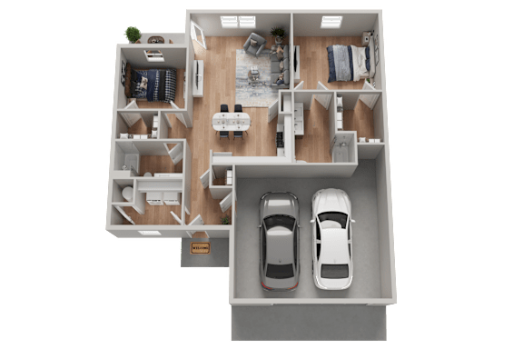 A top-down view of a house layout with two cars parked in the garage.