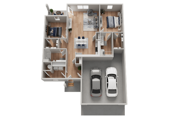 A top-down view of a house layout with two cars parked in the garage.