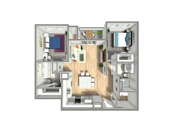 A 3D floor plan of a small apartment with a kitchen, living room, and bedrooms.