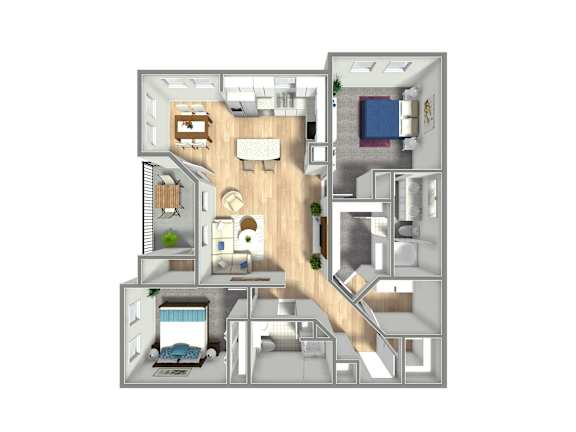 A 3D floor plan of a house with a kitchen, living room, and bedrooms.