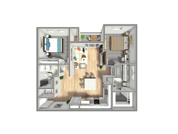 A 3D floor plan of a small apartment with a kitchen, living room, and bathroom.