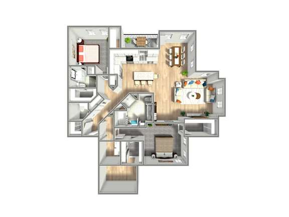A 3D floor plan of a house with multiple rooms.