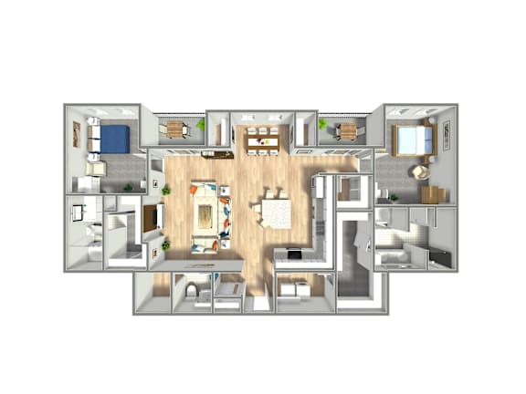 A 3D floor plan of a house with a kitchen, living room, and bedrooms.