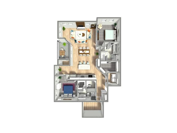 A floor plan of a house with a kitchen, living room, and two bedrooms.