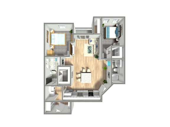 A 3D floor plan of a house with a kitchen, living room, and bedrooms.