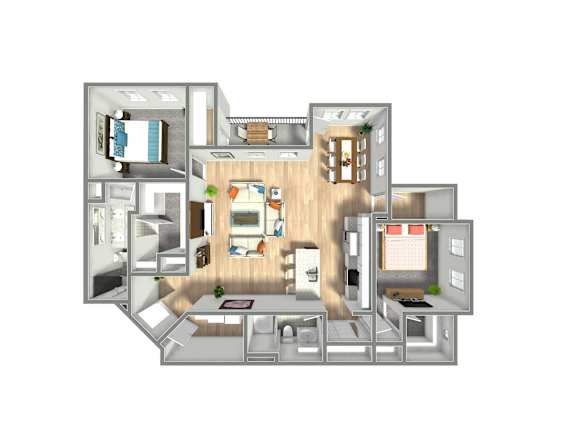 A 3D floor plan of a house with a kitchen, living room, and bedrooms.