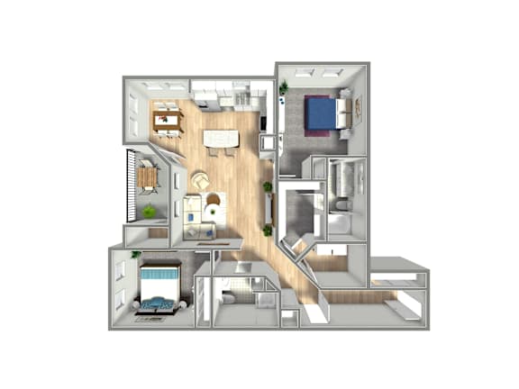 A 3D rendered image of a house layout.