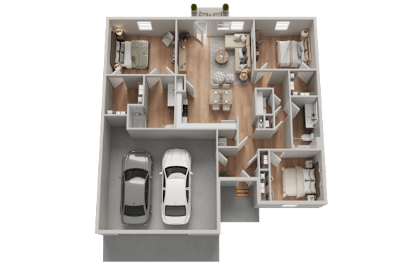 A 3D floor plan of a house with two cars parked in the garage.