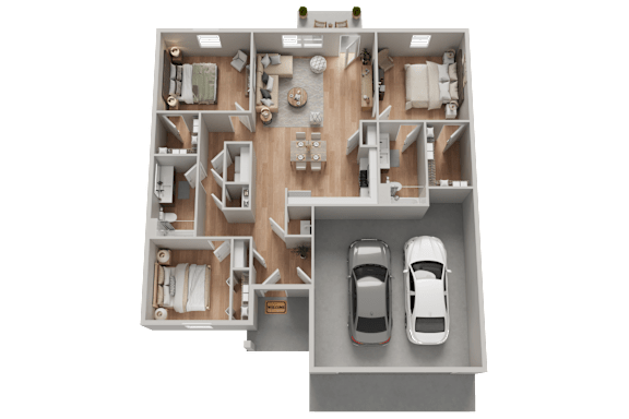 A 3D floor plan of a house with two cars parked in the garage.