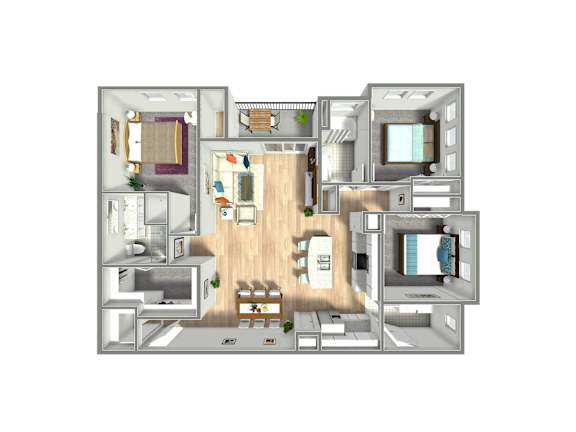 A 3D floor plan of a house with a living room, kitchen, dining room, and bedrooms.