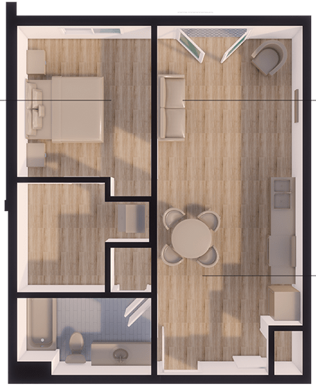 A 3D rendered image of a small apartment layout.