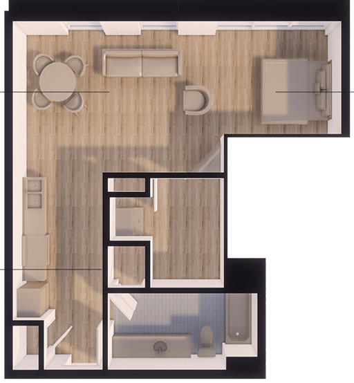 A 3D rendered image of a small apartment layout.