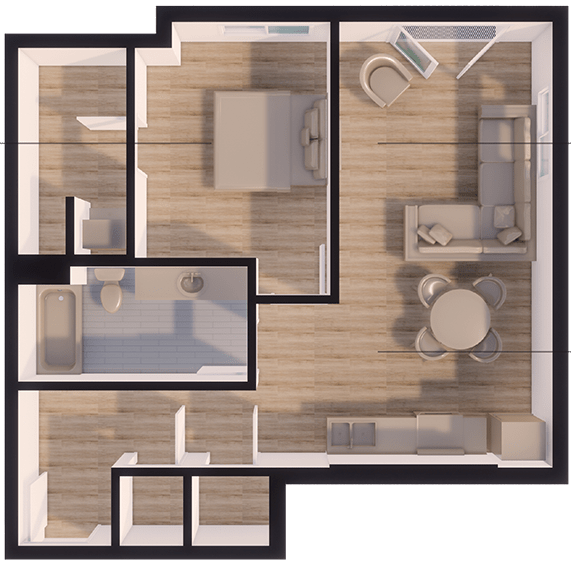 A 3D rendered image of a modern apartment layout.