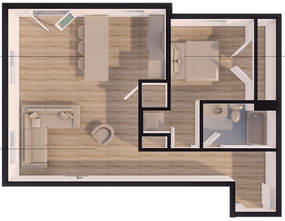 A 3D rendered image of a house layout.