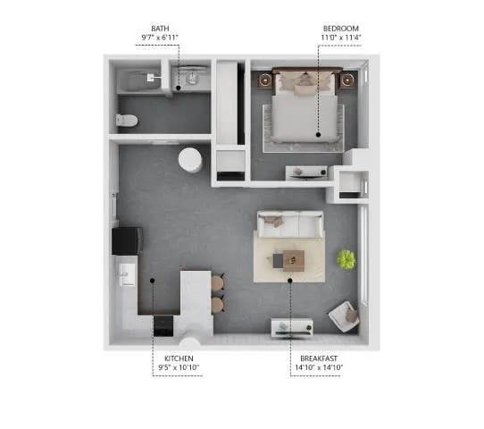A diagram shows the layout of a small apartment with a kitchen, bathroom, bedroom, and breakfast area.