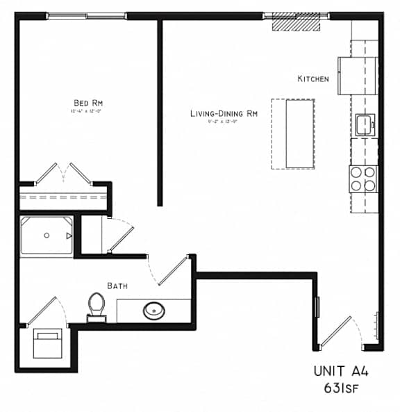 A diagram of a small apartment with a bedroom, kitchen, and bathroom.
