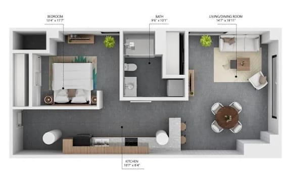 A diagram of a small apartment with a kitchen, living room, and bathroom.