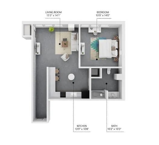 A diagram of a house layout with a living room, kitchen, bathroom and bedroom.