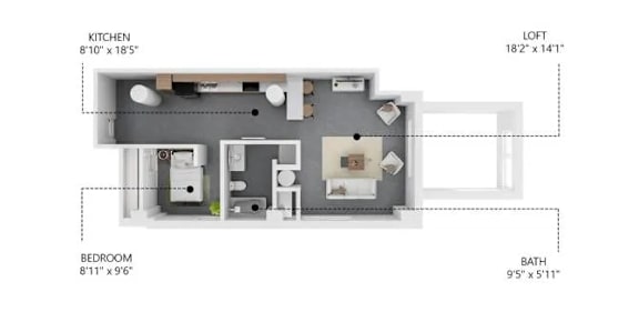 A floor plan of a small apartment with a kitchen, bathroom, and bedroom.