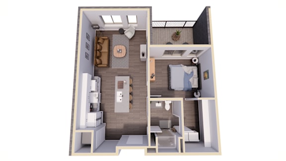 A 3D floor plan of a small apartment with a kitchen, living room, and bedroom.