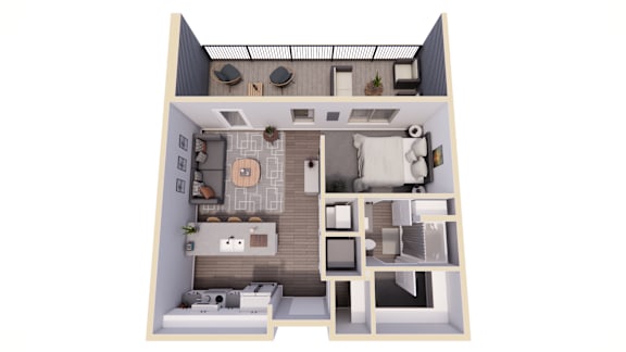 A 3D floor plan of a small apartment with a kitchen, living room, and bathroom.